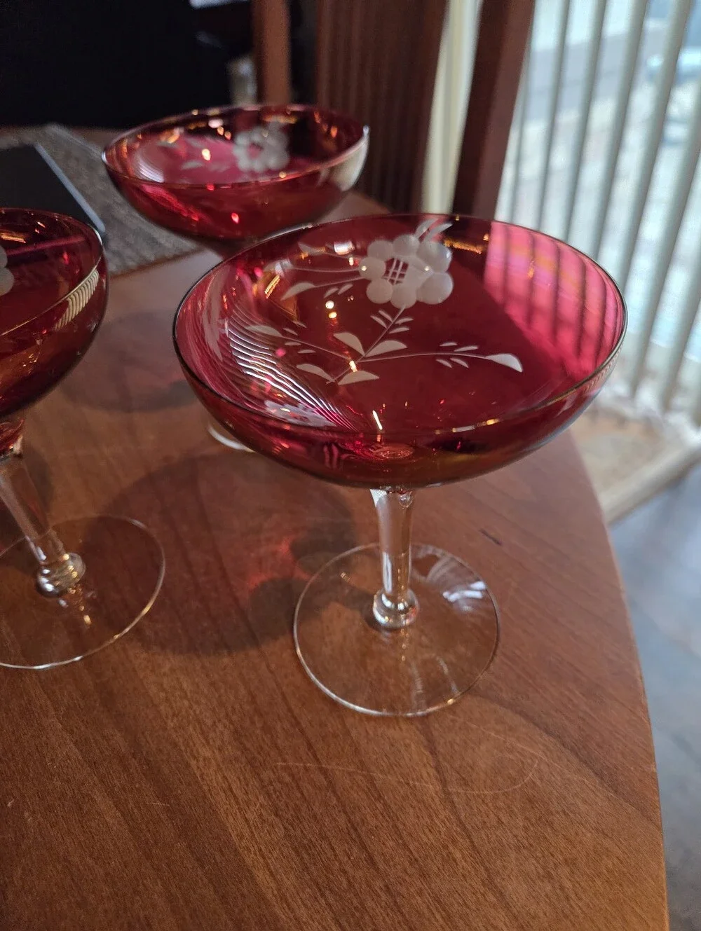 Vintage Cranberry Cut To Clear Bohemian Cutwork Coup Glasses (3)